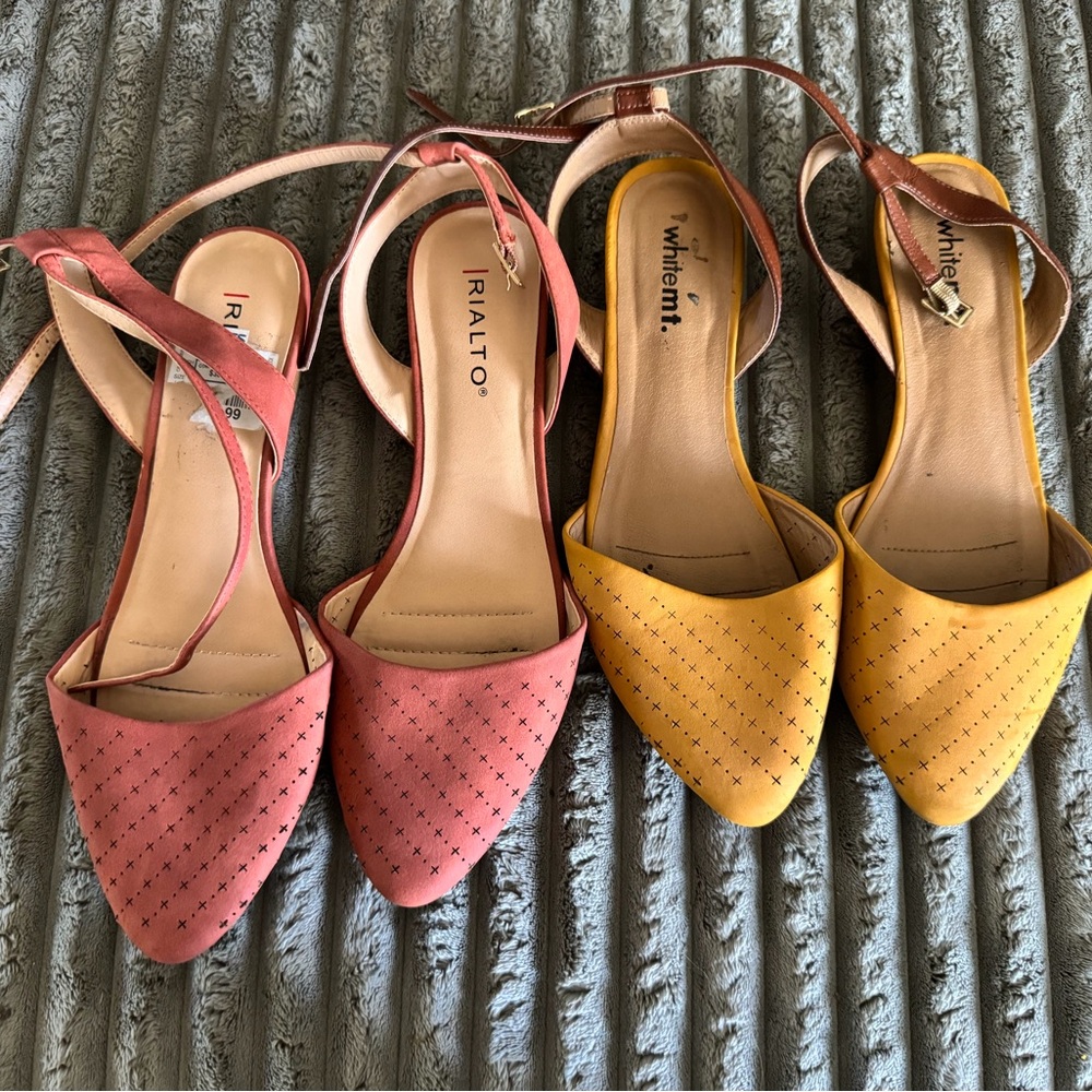 Rialto Pink and Yellow Pointed-Toe Ankle-Strap Flats